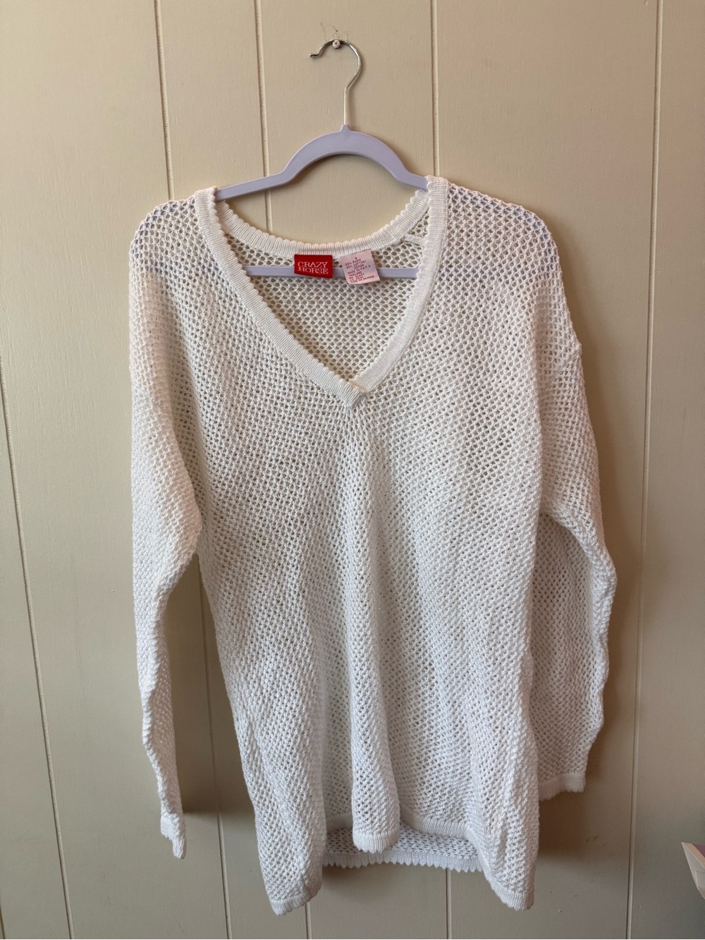 Crazy Horse White Open-Knit V-Neck Sweater